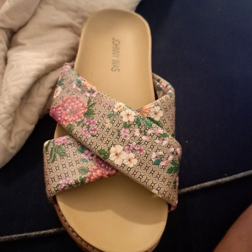 Johnny Was Floral Crisscross Platform Slide Sandals Boho Multi Color Womens Sz 6